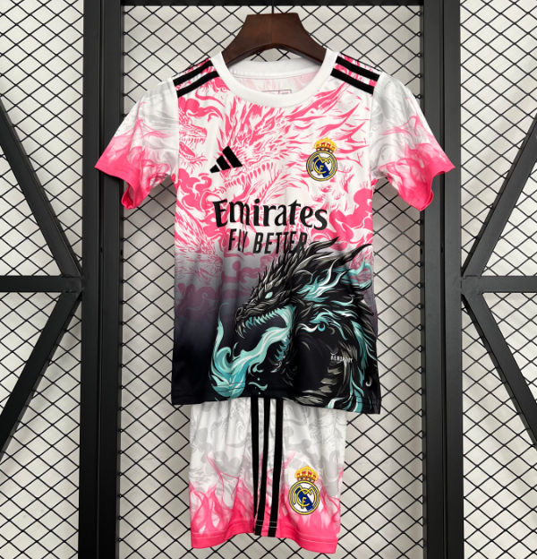 2025-26 Real Madrid Special Kids Pink Soccer Kit Shirt With Shorts